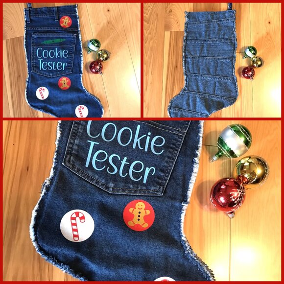 Handmade Denim Christmas Stocking w/Pocket: Cookie Tester Graphic, Size L - Picture 9 of 9
